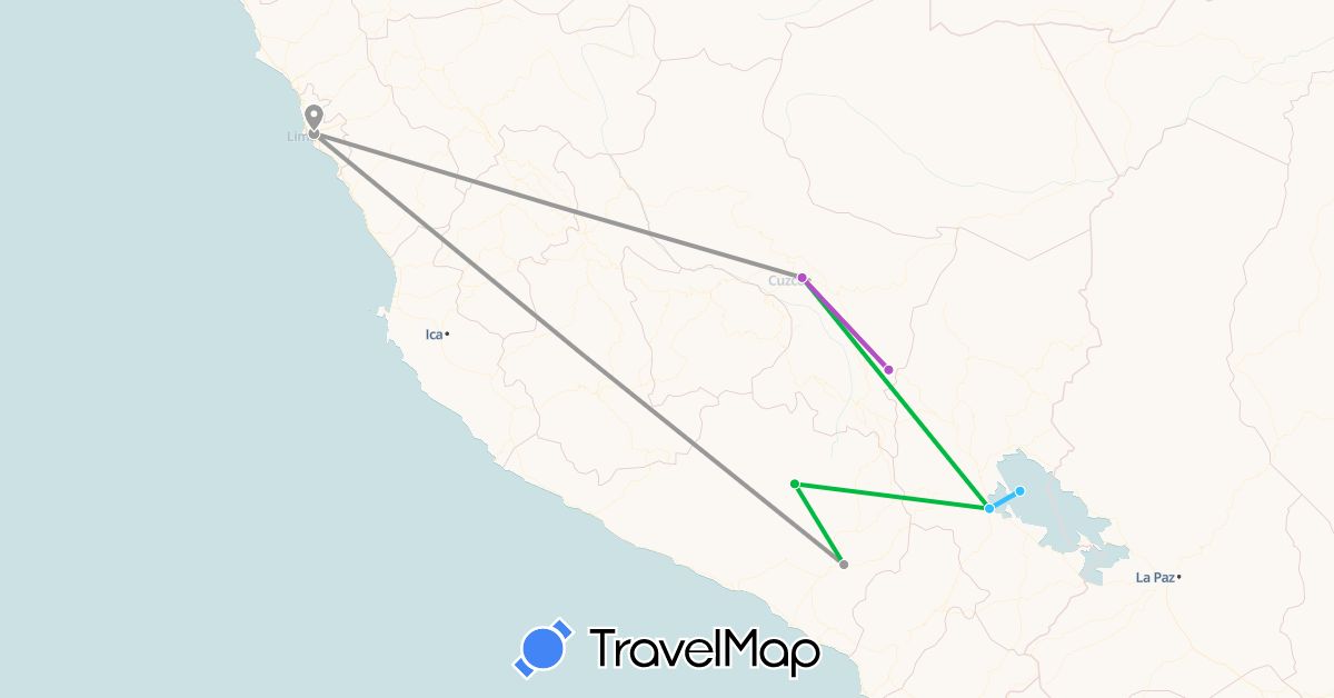 TravelMap itinerary: driving, bus, plane, train, boat in Peru (South America)